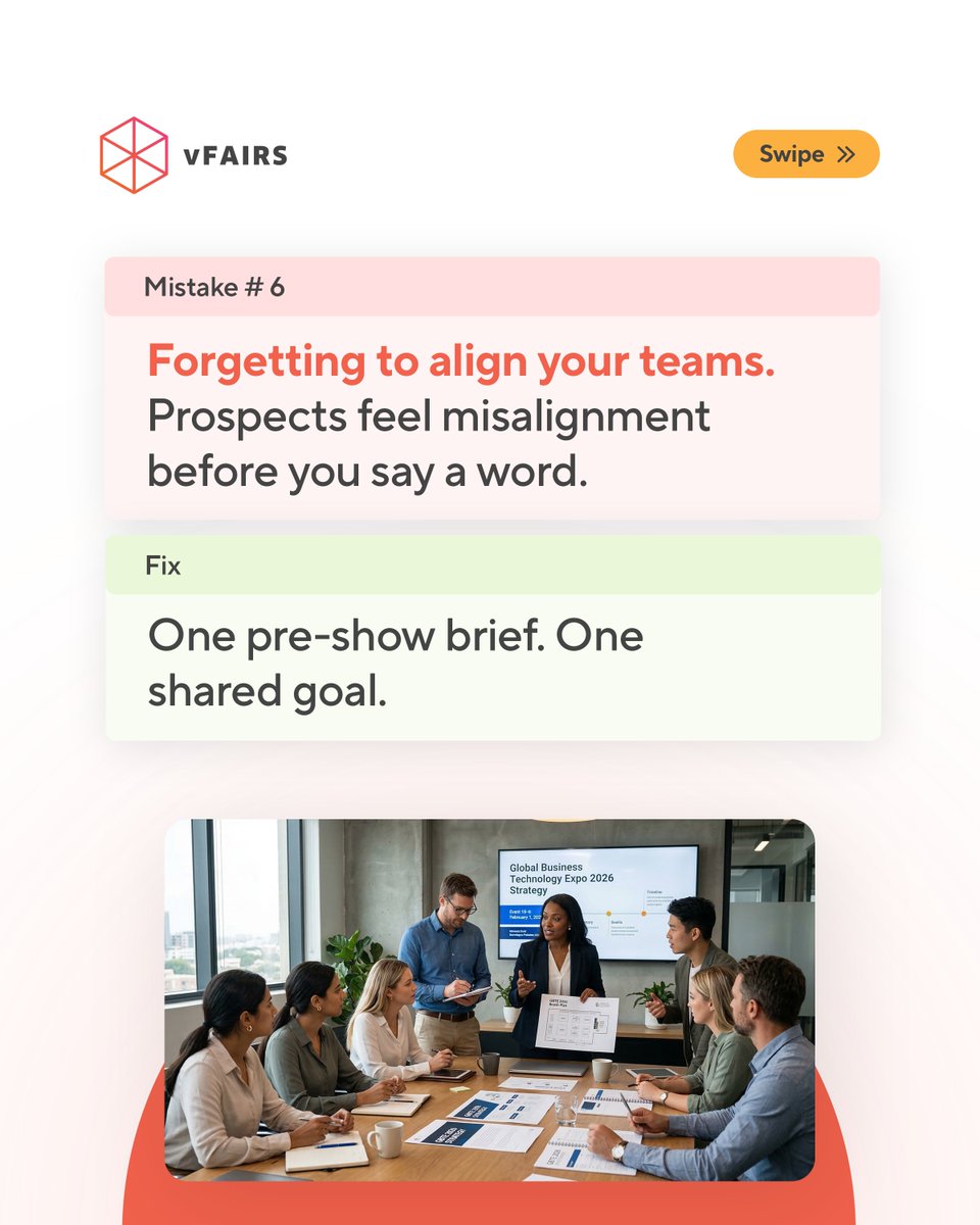 vfairs's tweet image. Your competitor won by being better prepared.

Exhibitors often lack a plan, leading to low ROI. With 92% of attendees seeking new products, avoiding 6 key mistakes is essential.

Check out the shocking stat in slide 9!

Tag a fellow exhibitor.

#TradeShows #EventMarketing