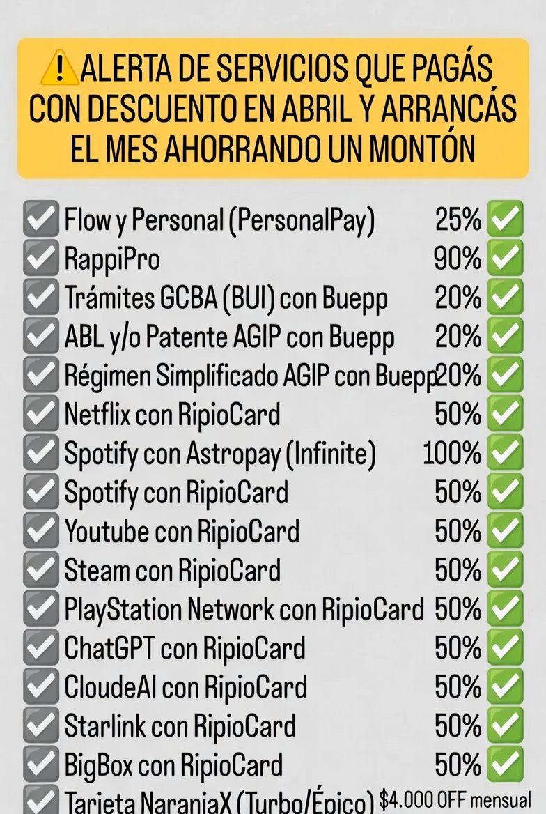 ahorrotwit's tweet image. 🚨Alerta de servicios que pagás con descuento en Abril y ahorrás un montón🚨

☑️ #Flow y #Personal: Desde la app de #PersonalPay tenés un 25% con tope de $7000 x mes si sos Nivel 4 (que acumula a un 15% sin tope por #ReintegroPlus sin tope que te hacen en la factura), 20% tope