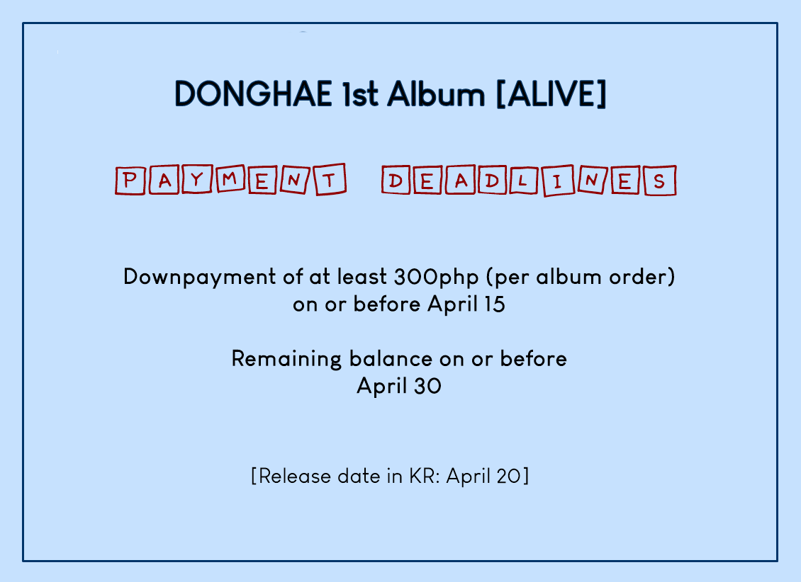 SapphireHearts_'s tweet photo. Pre-order:
💙DONGHAE The 1st Album - [ALIVE] 💙
-Limited slots only-
<Normal ETA>
▶️Release date in KR: April 20

❌No late payments please❌
❌No cancellation of orders❌
✏️Order form link: https://t.co/QCt655eEgc https://t.co/5ze47eO8T3