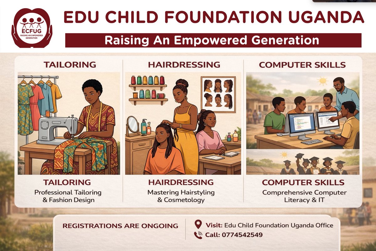 educhildug's tweet photo. At Edu Child Foundation Uganda, empowerment begins with opportunity.

Through hands-on training in Tailoring, Hairdressing &amp; Computer Skills, we’re equipping young people—especially girls—with tools for self-reliance and economic empowerment.

Registrations ongoing: 0774542549 https://t.co/TKDIwaggCf