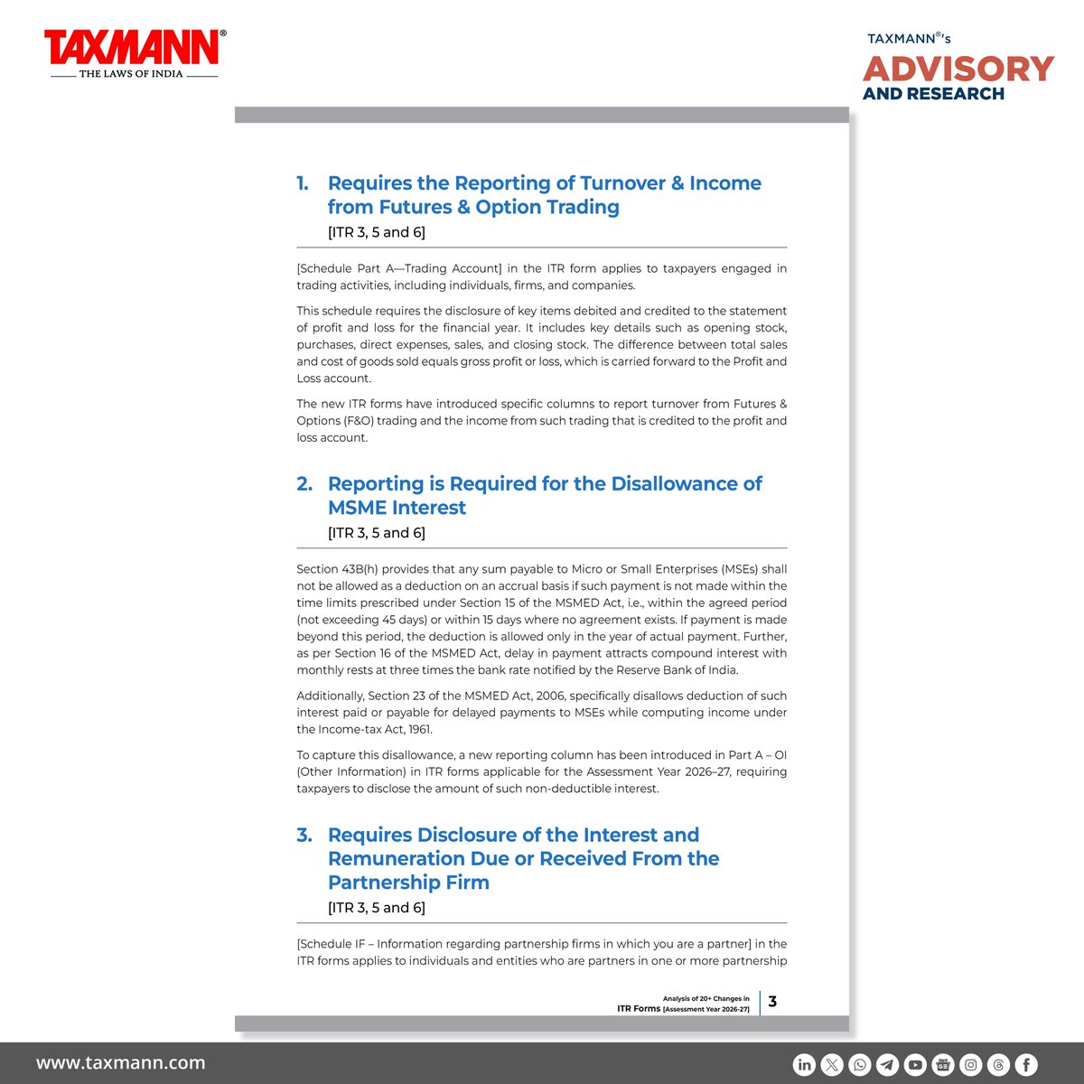 taxmannindia's tweet photo. #TaxmannAnalysis #ITRForms

The key changes have been introduced in the new Income-tax Return (ITR) Forms 1 to 7, as notified by the CBDT for the Assessment Year 2026–27. These ITR forms will be used to report income earned during the Previous Year 2025–26. Unlike last year, the forms have been notified on time, ensuring smoother compliance timelines for taxpayers. The changes discussed in this article include amendments introduced by the Finance Act 2026 and new reporting requirements.

Download/Read More: https://t.co/irDLALyIDk [19Mins | Read Time]
Authored by Taxmann's Advisory & Research Team | Income Tax

#TaxmannUpdates #TaxmannAdvisory #IncomeTax #IncomeTaxReturn #ITR #CBDT