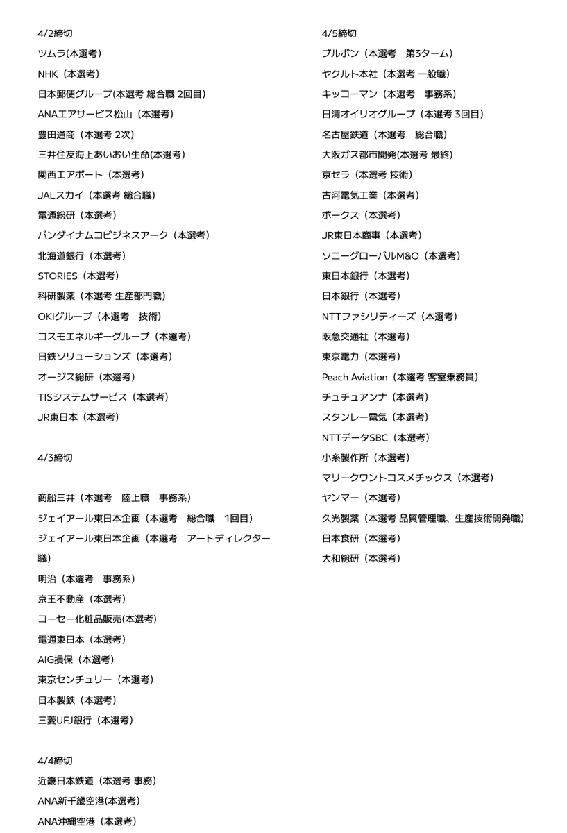 syukatsurisu's tweet photo. 持ち駒が無くなってきた27卒は以下のことを徹底的にやろう。落ち込んでいる暇はないです。

①~4/10締切のESを出来るだけ出す
→〜4/10の締切は画像にまとめています。これからどんどん求人が少なくなっていきます。
止まる暇はありません。とにかくESを書いて！！！

②スカウトサービスに登録
→先ほども記載した通り、求人はどんどん少なくなってくるので、スカウトサービスはなるべく早く登録してください。
できる人は今！遅くても寝る前に登録しよう。

⇩今すぐ登録すべきスカウトサービス

①ABABA

最終面接の記録を登録すると、「最終面接まで行った実力」を評価してスカウトが来る神スカウトサービス。
最終面接まで行った実力を評価しているので、「選考カットスカウトが多い」＆「スカウトの質が高い」

↓登録はこちら（���料です）
https://t.co/8OhSV03cTm

②OfferBox

OfferBoxは、プロフィールをしっかり埋めることで大手企業・大手子会社・隠れ優良企業からスカウトが届くサービスです。
求人が無くなる前に今すぐ登録してスカウトを受け取りましょう！！

↓登録はこちら
https://t.co/a8nEUrldzt

#pr
