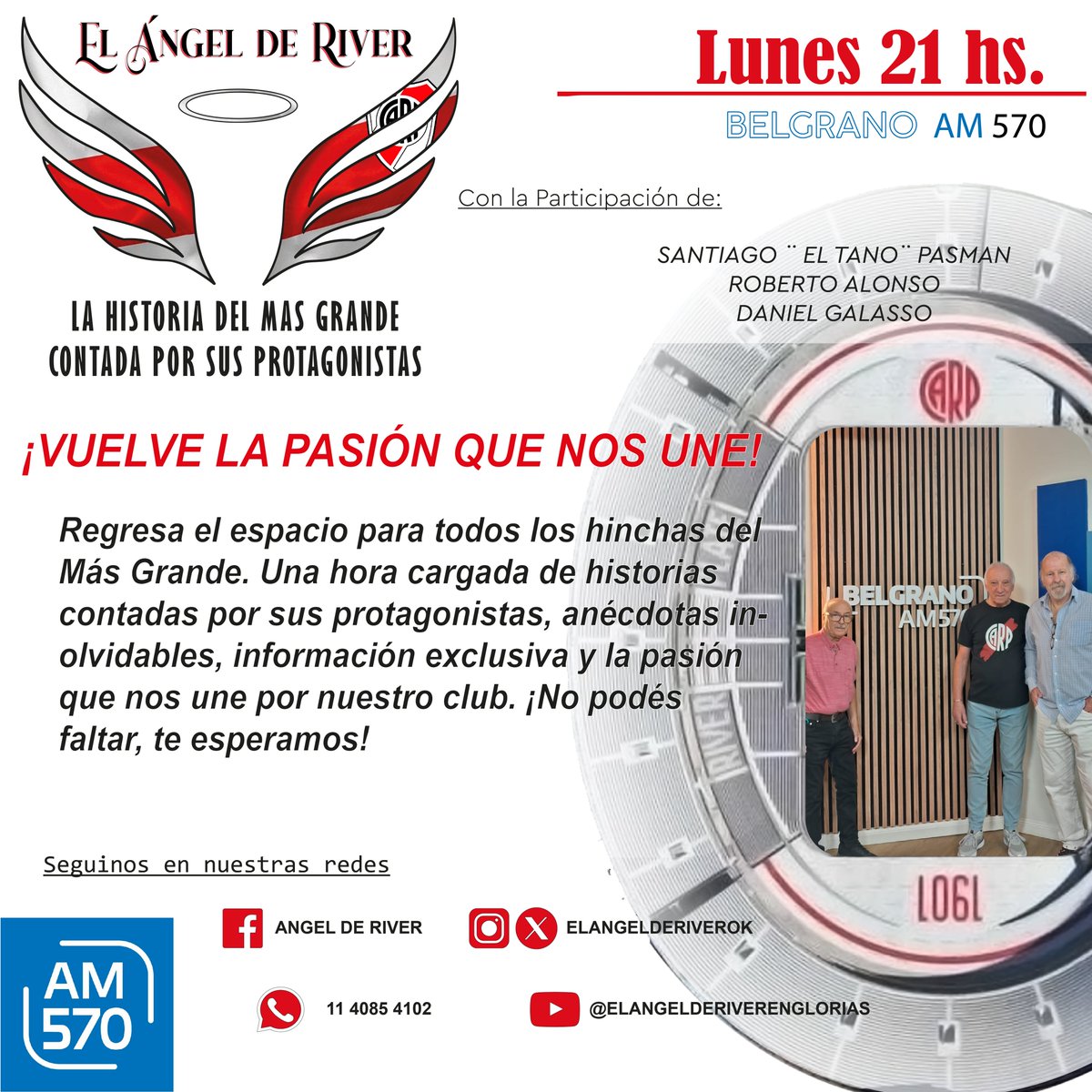 AngelDeRiverOk's tweet photo. El Ángel de River comienza su octava temporada en una nueva casa:
 📻 Radio Belgrano AM 570
Con la incorporación de Santiago “El Tano” Pasman.
🗓️Lunes 6/4 – 21 hs
Actualidad, historia e identidad riverplatense. https://t.co/YQAwnC2FQW