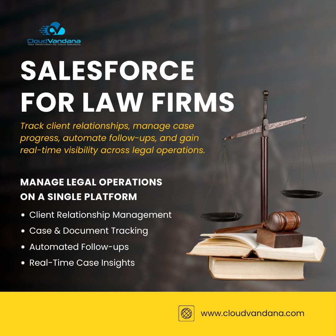Law firms manage clients, cases, and documents across multiple tools.

Salesforce brings everything into one platform — client management, case tracking, and follow-ups.

Less admin work. Better client outcomes.

#LegalTech #LawFirms #Salesforce #CRM #CloudVandana