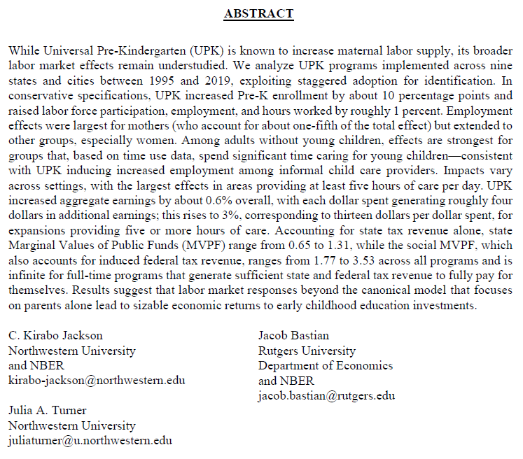 KiraboJackson's tweet image. Delighted to share our revised paper (w/ @jaturner73 &amp;amp; @JacobBastian25) showing that Universal Pre-K has broad effects on local labor markets — effects well beyond only mothers. Larger effects for full-day programs. nber.org/papers/w33767

#EconTwitter #EarlyChildhood #ECE