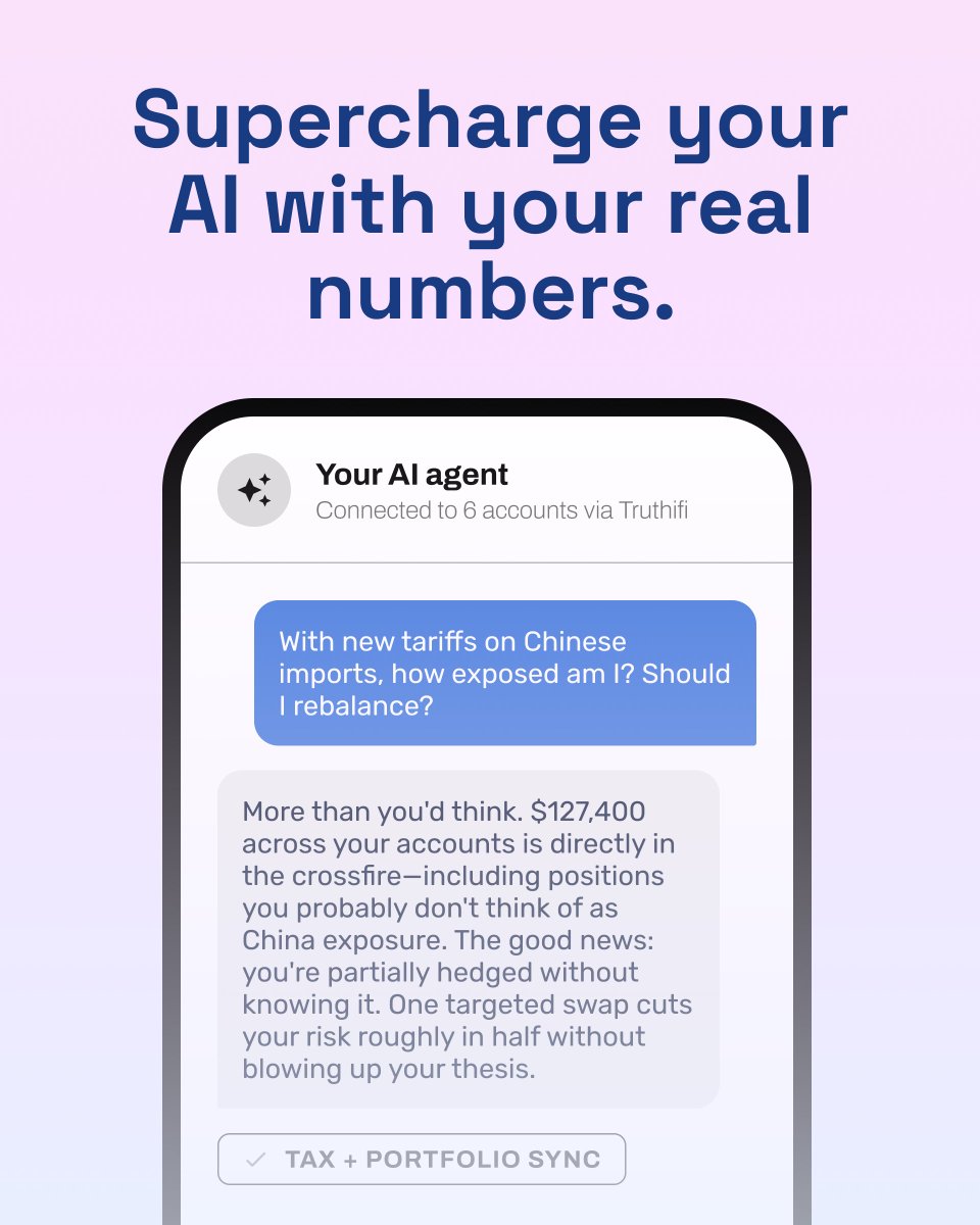 truthifi's tweet photo. Introducing Truthifi Connect: a secure way to pipe live financial data (cleaned, normalized, and structured) into your favorite AI agent—without compromising on security. No exports, no uploads, no guessing.

What will you ask? What will you build?

https://t.co/pcPmptX6gh https://t.co/Xtj9zf5jC4
