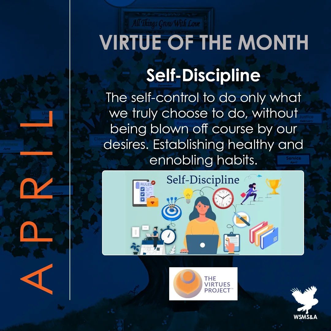 Virtue of the Month - April:

Self-Discipline: The self-control to do only what we truly choose to do, without being blown off course by our desires. Establishing healthy and ennobling habits.

How can we practice self-discipline not only this month, but everyday?

#virtueproject