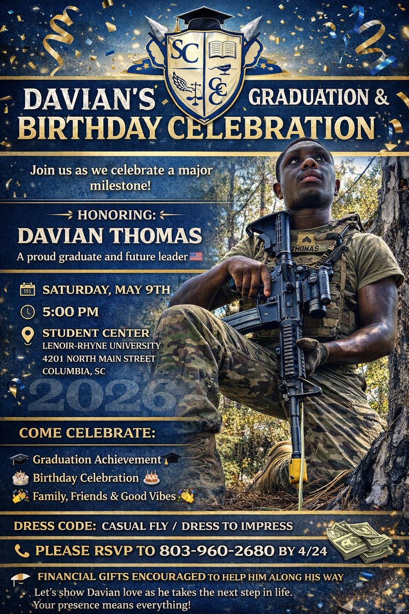 empowered9th's tweet photo. @JudiGatson 
Hi we are huge fans of yours! My son, Davian Thomas is graduating college and your husband was a major influence on him. We’d honored if you all would come his celebration. He’s unable to walk the stage because his unit is being ‘cuz he’s being deployed 6/26/26 https://t.co/3mVADfNNBN