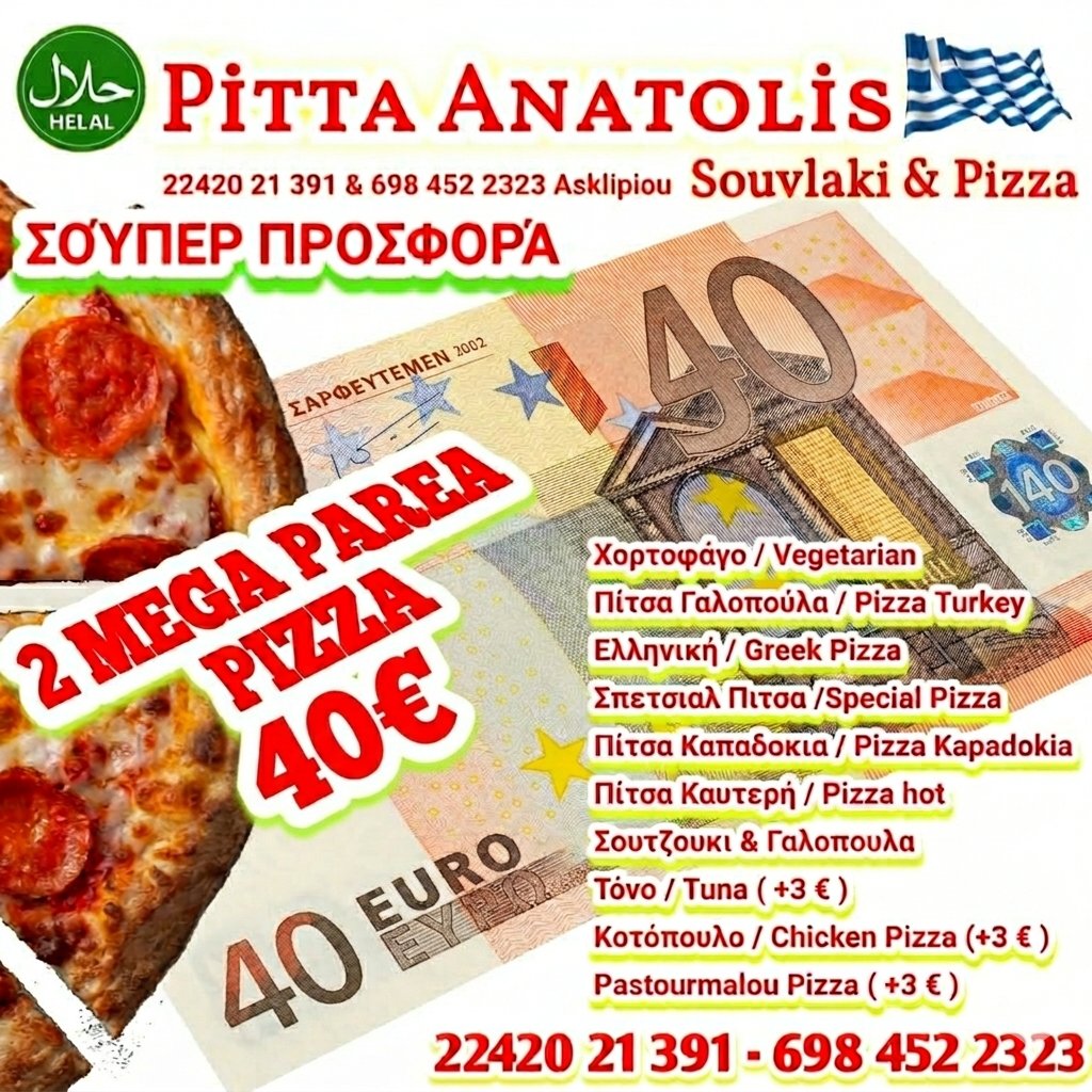 PittaAnatolis's tweet photo. Δεν μπορείτε να αποφασίσετε τι θέλετε ν φάτε για βραδινό; Ελάτε στην Πίτα Ανατολής και απολαύστε 2 μεγάλες πίτσες για 8 άτομα μόνο με 40 ευρώ με την παρέα σας! 🍕 Για να σας το κάνουμε ακόμα πιο εύκολο, αρχίζουμε να δεχόμαστε παραγγελίες κάθε βράδυ από τις 6 μ.μ. και μετά! https://t.co/cXvKq1QjFo