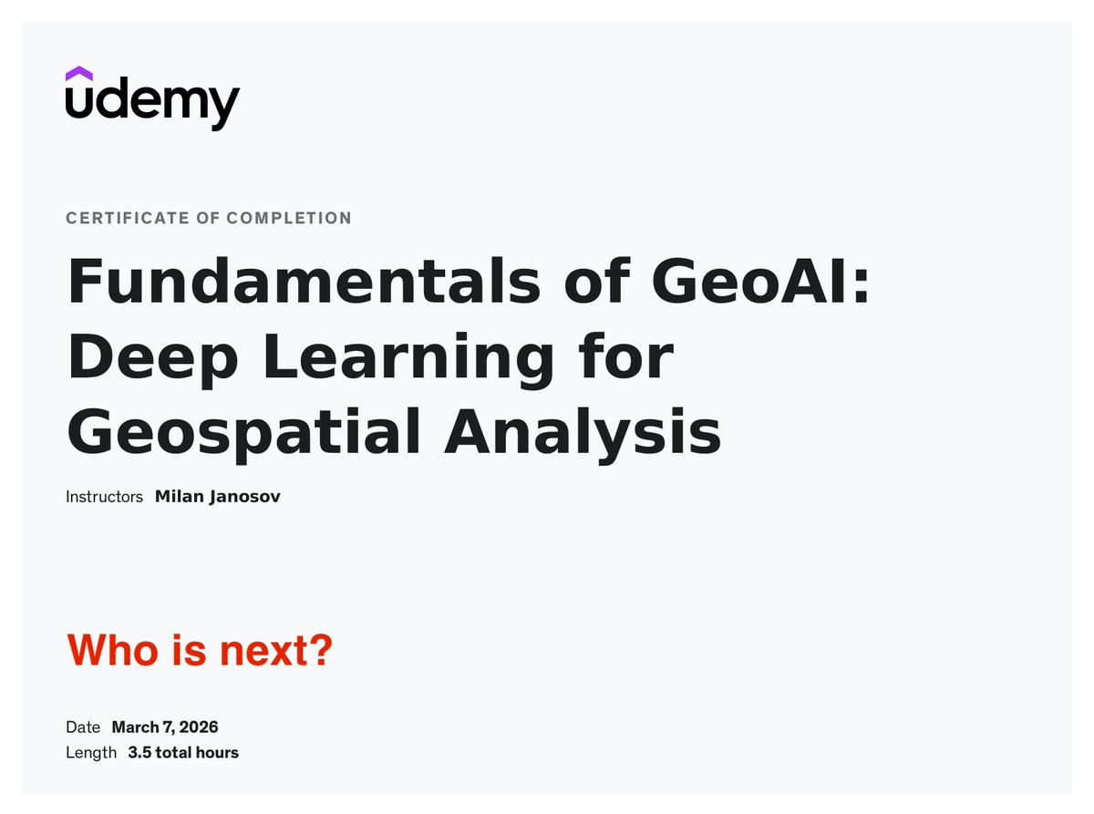 milan_janosov's tweet photo. Looking for a certificate in #GeoAI? Here it comes:

🚀 𝐅𝐮𝐧𝐝𝐚𝐦𝐞𝐧𝐭𝐚𝐥𝐬 𝐨𝐟 𝐆𝐞𝐨𝐀𝐈 - 𝐃𝐞𝐞𝐩 𝐋𝐞𝐚𝐫𝐧𝐢𝐧𝐠 𝐟𝐨𝐫 𝐆𝐞𝐨𝐬𝐩𝐚𝐭𝐢𝐚𝐥 𝐀𝐧𝐚𝐥𝐲𝐬𝐢𝐬

𝐓𝐡𝐞 𝐜𝐨𝐮𝐫𝐬𝐞: https://t.co/QjRpY7w3Cb

𝐅𝐮𝐥𝐥 𝐨𝐮𝐭𝐥𝐢𝐧𝐞: https://t.co/E9958dJ0DC https://t.co/Ur5HKFaJXZ