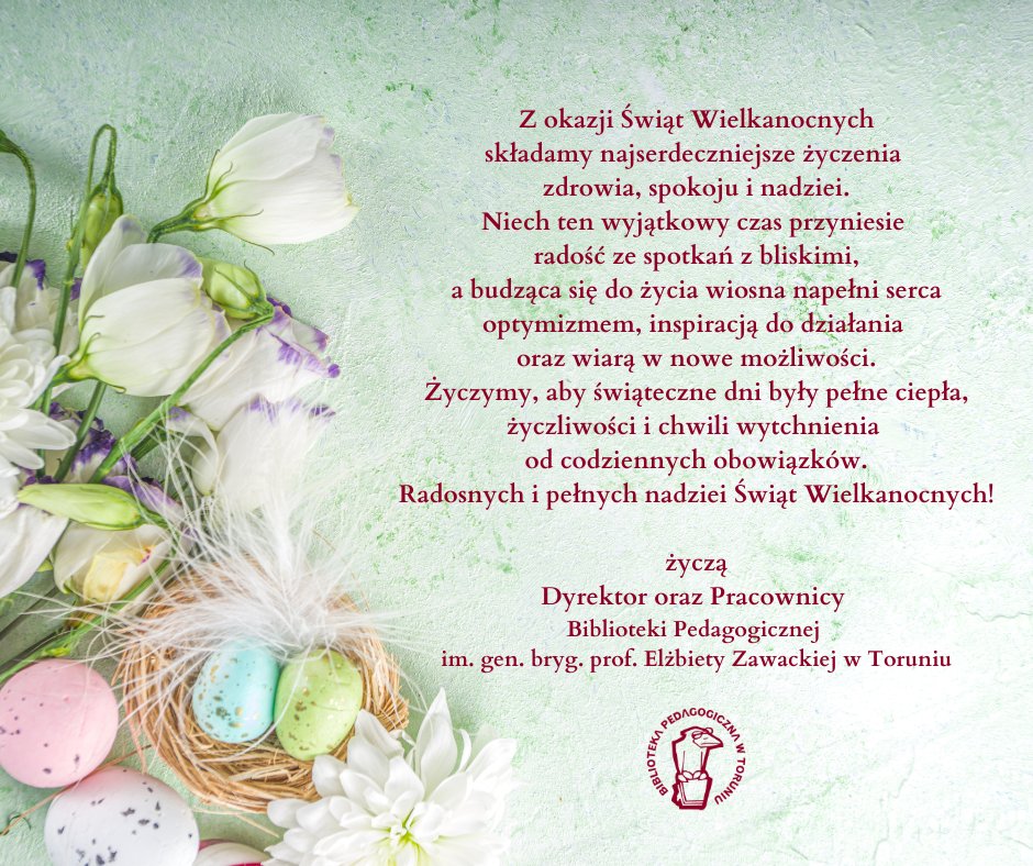 bp_torun's tweet photo. Z okazji Świąt Wielkanocnych życzymy Państwu spokoju, wiosennej radości oraz inspirujących chwil z książką. 
🐇📖 Niech ten wyjątkowy czas napełni serca optymizmem i nadzieją. 🌱🌸 https://t.co/0guwbeJWRf