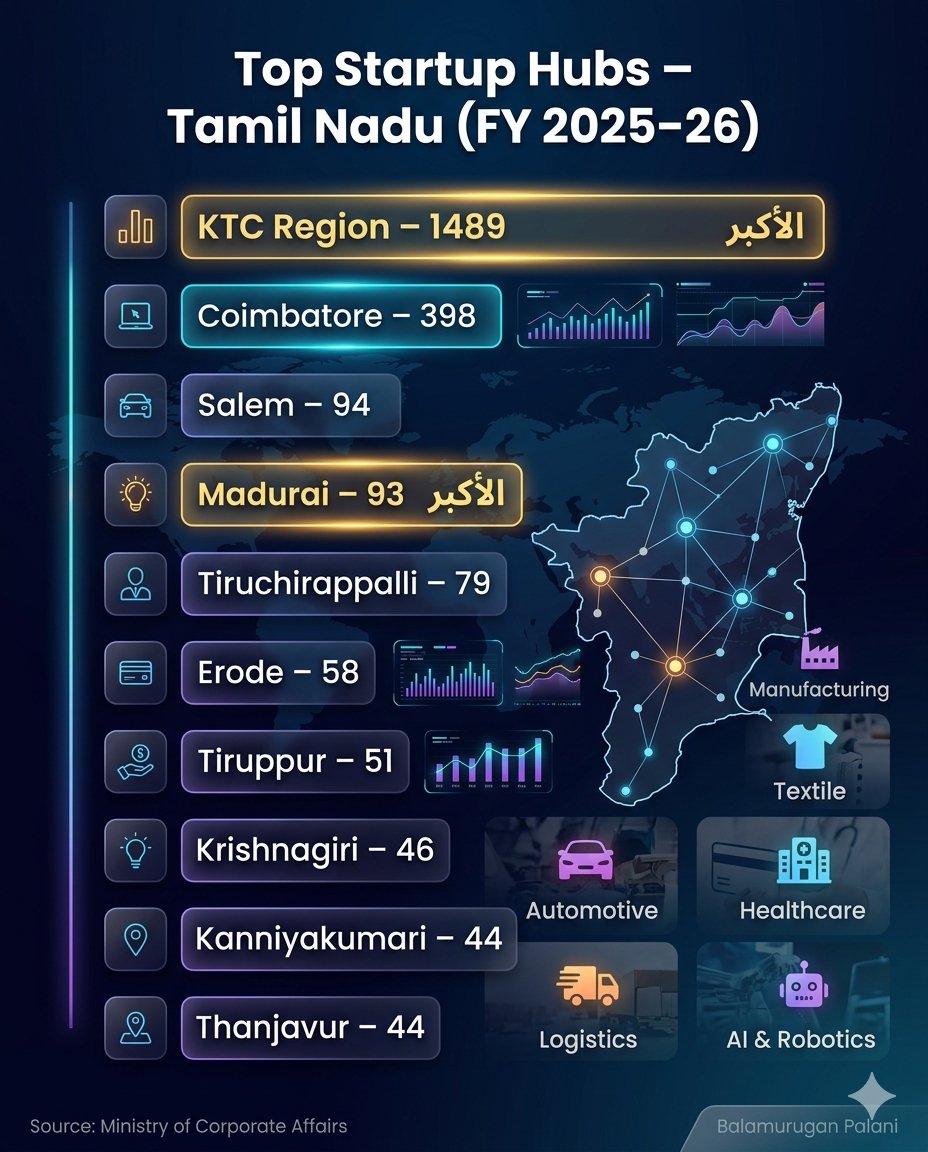 balamurugan8014's tweet image. #TamilNadu’s Startup Ecosystem is evolving 🚀
KTC region dominates with a massive share,while cities like #Kovai #Madurai #Salem #Trichy are emerging as strong Tier-2 innovation hubs 💡
A clear shift towards a multi-city startup growth model📊 @startupindia @ptrmadurai @TRBRajaa