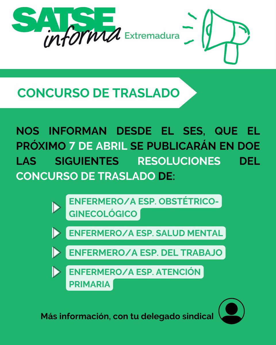 📢 CONCURSO DE TRASLADO

El SES publicará el próximo 7 de abril en el DOE las siguientes resoluciones del concurso de traslado de:

• Enfermero/a Esp. Obstétrico-Ginecológico
• Enfermero/a Esp. Salud Mental
• Enfermero/a Esp. del Trabajo
• Enfermero/a Esp. Atención Primaria