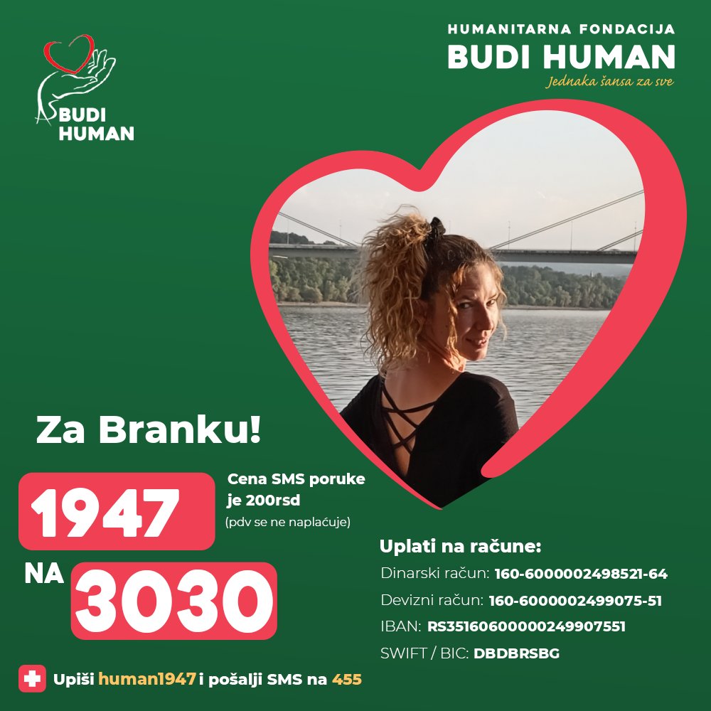 budihuman's tweet image. Pomozimo Branki!

Upišimo 1947 i pošaljimo SMS na 3030

budihuman.rs/korisnik/1947/…

#budihuman #jednakašansazasve #podeli #brankapavković