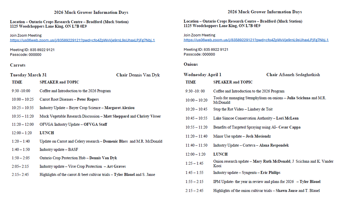 MuckIPM's tweet photo. Today is Day 2 (Onion Day) of the 2026 Muck Grower Information Days! Presentations start at 10am at the Research Centre. The speaker program, with Zoom link for those who cannot attend in person, is here: https://t.co/ghgz28RtdX https://t.co/dTrjNoS06x