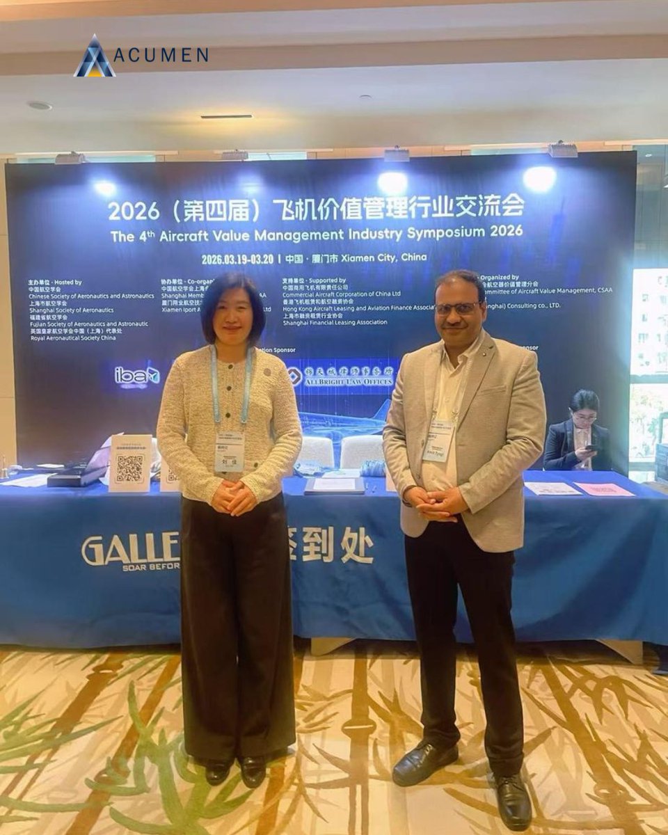 AcumenAviation's tweet image. Amit Tyagi and Livia Liu attended the 4th Aircraft Value Management Symposium 2026 last week, engaging with the industry on aircraft value and asset management trends.

#Aviation #AircraftLeasing #AssetManagement #AviationEvents #AcumenAviation