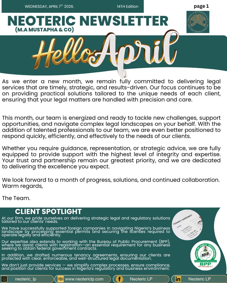 Neoteric_LP's tweet image. A look at recent developments, new client partnerships, key legal insights, and updates shaping business, law, and society.

At Neoteric LP, we remain committed to delivering practical, solution-driven legal support while making meaningful impact.

#lawfirm 
#newmonth 
#april