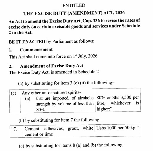 Government proposes UGX3,500 levy on imported spirits and UGX1,000 tax per 50kg of cement in new Excise Amendment Bill

The Minister of State for Finance, Henry Musasizi has tabled the Excise Amendment Bill, 2026 in which Gov’t is seeking to impose a UGX3,500 levy on any other