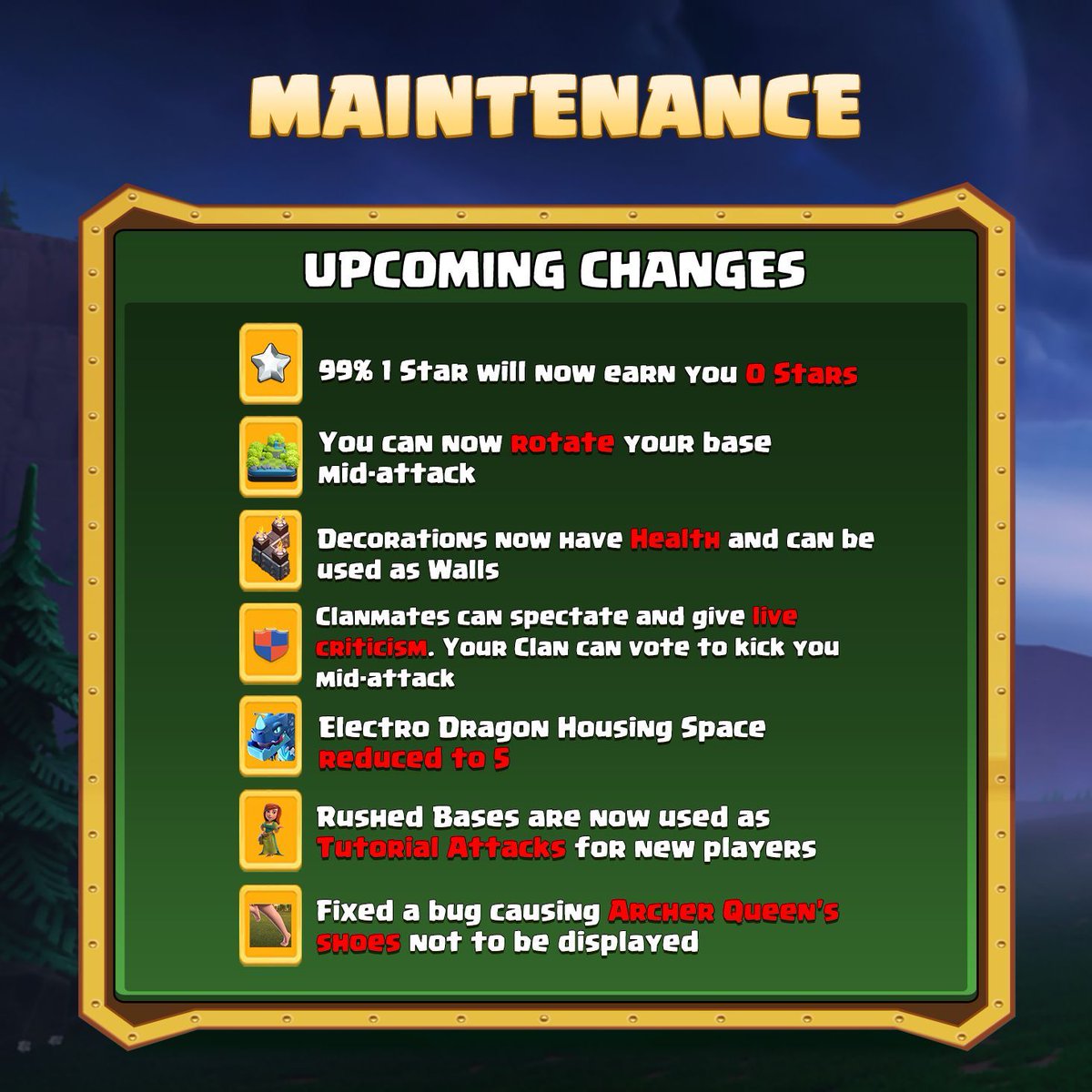 CocBaseMaster's tweet photo. Big Update from COC:
Heads-up, Chief!
We've missed a few important changes and fixes in yesterday's maintenance, so we'll be having another one soon to address them. Thank you for your understanding!

In the meantime, here's what you can expect. 👇
https://t.co/2uB9zGssjq https://t.co/HWvGubQbn9