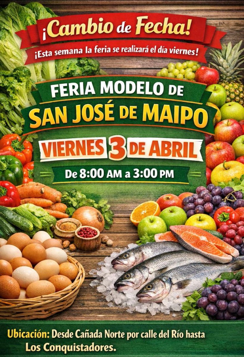 La Feria Modelo de San José de Maipo informó un cambio de fecha debido a la celebración de Semana Santa. Esta semana la feria se realizará el viernes 3 de abril, entre las 8:00 AM y 3:00 PM, en el tramo comprendido desde Cañada Norte por calle del Río hasta Los Conquistadores