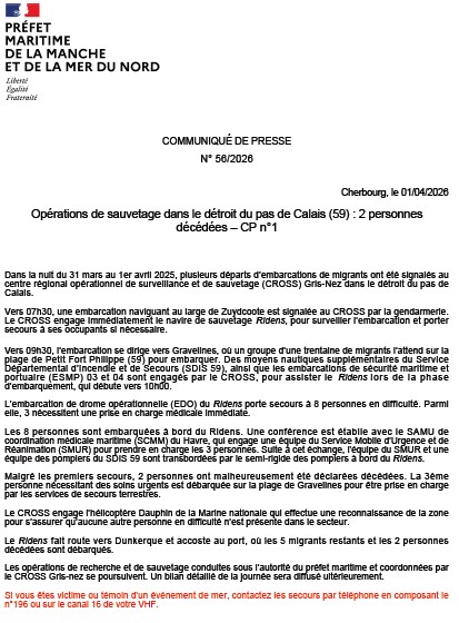 Image de Préfecture maritime Manche et mer du Nord - #Opérations de sauvetage dans le détroit du pas de Calais (59) : 2 personnes décédées – CP n°1

Coor