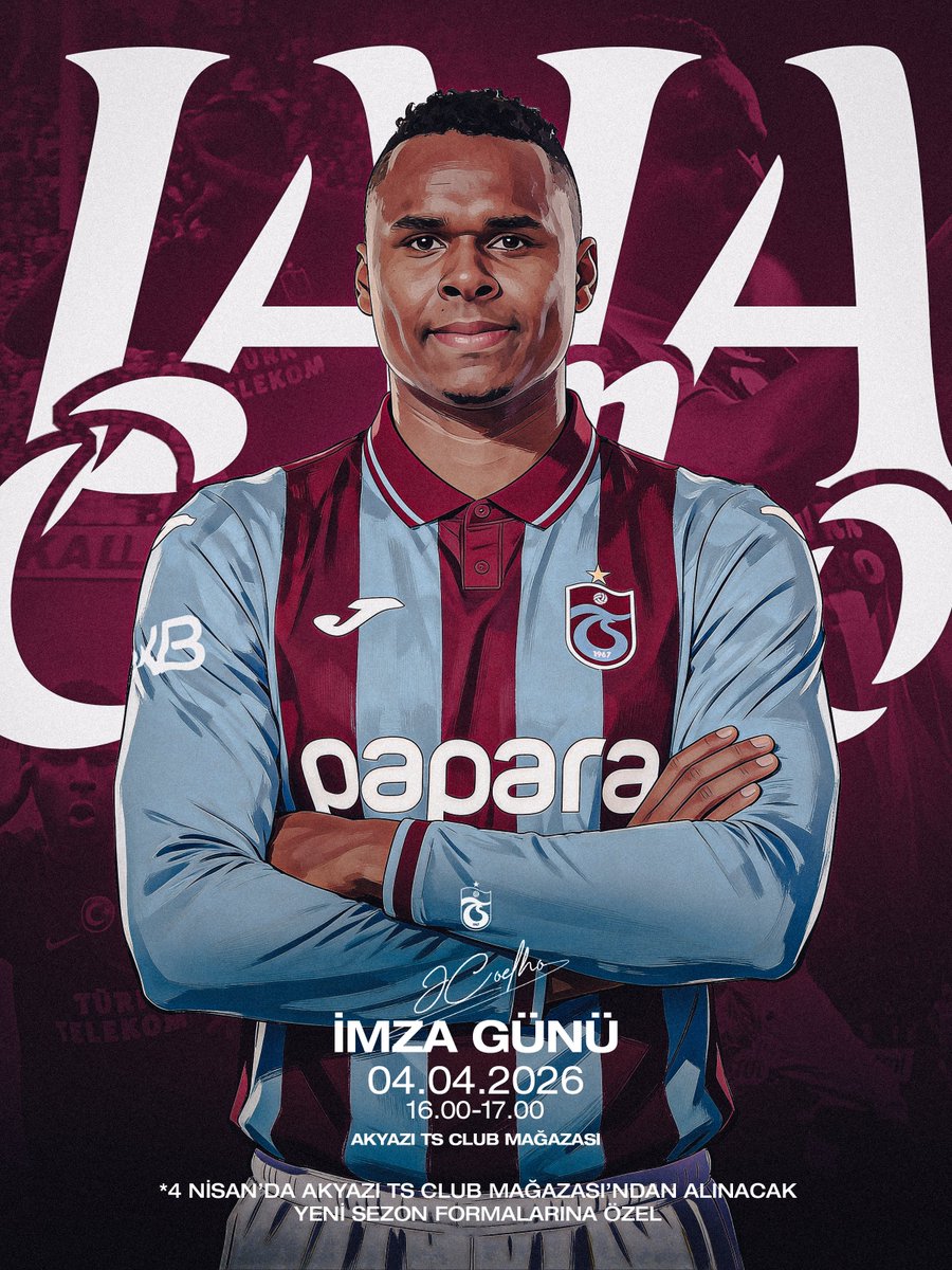 Trabzonspor's tweet photo. 𝐉𝐚𝐣𝐚 𝐂𝐨𝐞𝐥𝐡𝐨 Trabzon’a geliyor, Cumartesi günü saat 16.00 ile 17.00 arasında Akyazı TS Club Mağazası’nda imza gününde taraftarlarımızla buluşuyor! ❤️💙

 Önemli Not: 4 Nisan Cumartesi günü Akyazı TS Club Mağazası’ndan alınacak yeni sezon formalarına özel! https://t.co/vBbj4gqjVa