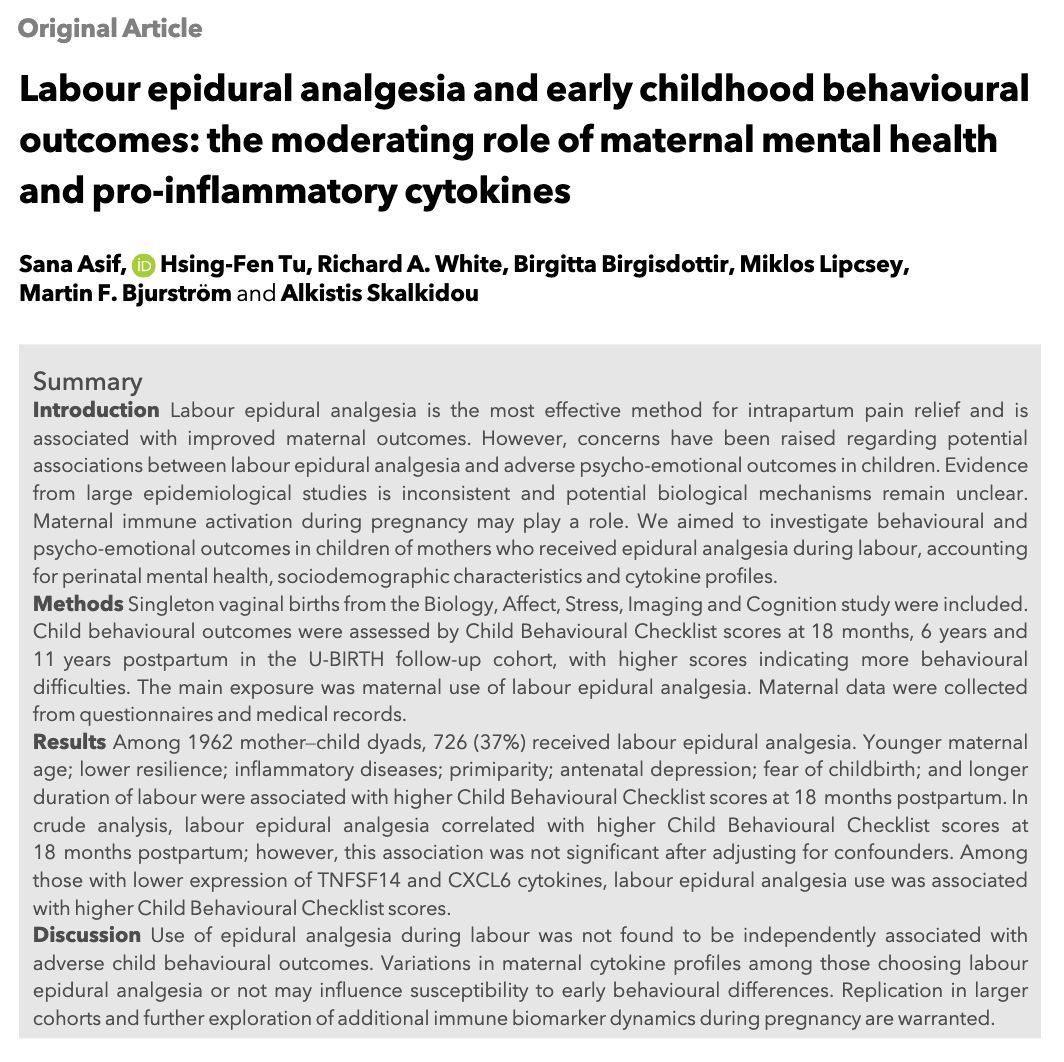 Anaes_Journal's tweet image. Labour epidural analgesia and early childhood behavioural outcomes: the moderating role of maternal mental health and pro-inflammatory cytokines

@SanaAsif489055 @ASkalkidou

#anaesthesia #MedTwitter

doi.org/10.1111/anae.7…
