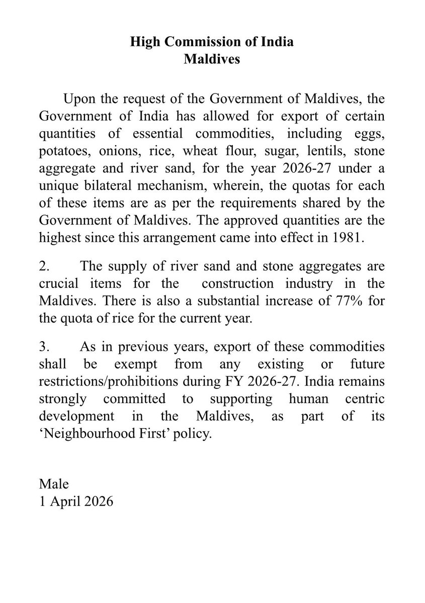 <a href="/MEAIndia/">Randhir Jaiswal</a> 
<a href="/MoFAmv/">Ministry of Foreign Affairs 🇲🇻</a> 
<a href="/MoEDmv/">Ministry of Economic Development,Transport & Trade</a> 
<a href="/dgftindia/">DGFT</a> 

Link at : dgft.gov.in/CP/?opt=notifi…