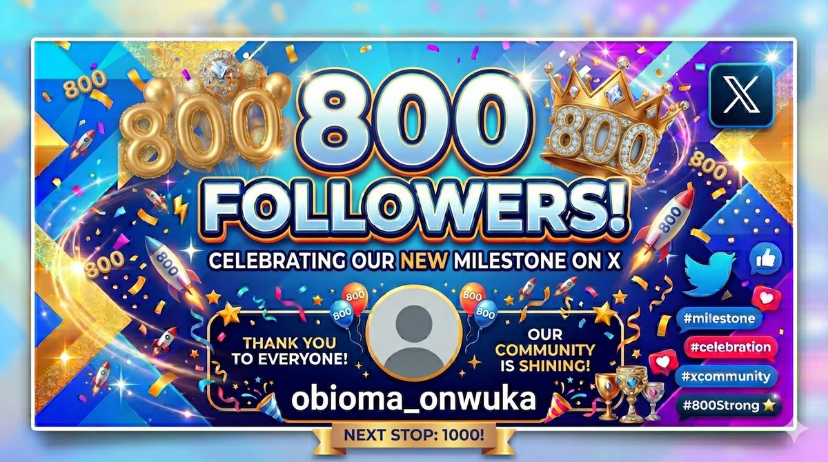 obioma_onwuka's tweet photo. Celebrating a new milestone of 800 followers! π
A huge thank you to everyone in this community for the support, engagement, and shared passion.
Our community is truly shining, and I'm so grateful to have you all here.
Let's keep this momentum going!
#800Strong #Milestone #Celebration #XCommunity