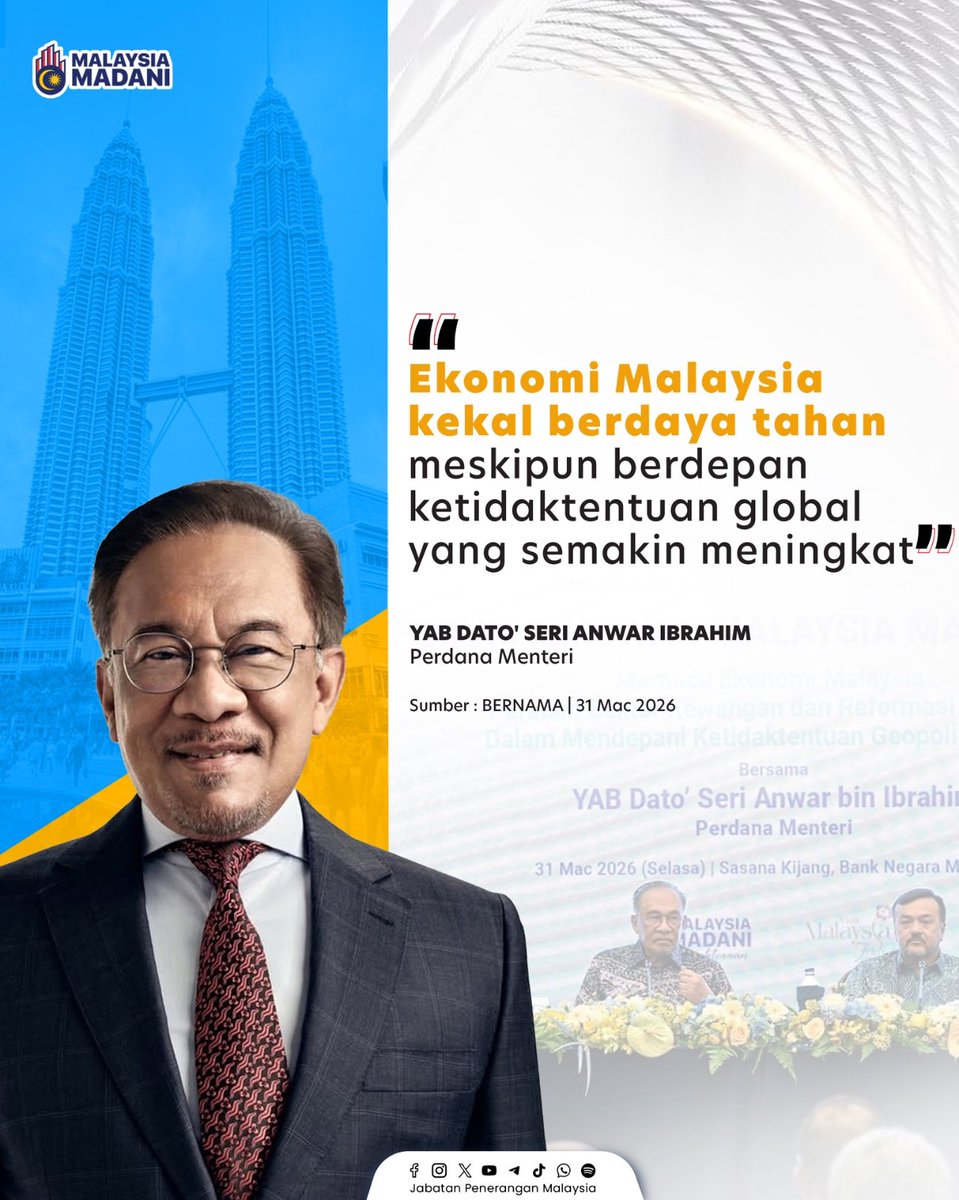 JPenerangan's tweet photo. Ekonomi Malaysia kekal berdaya tahan 💪📈 

Walau dunia tidak menentu, diperkukuh dasar jelas, kestabilan politik dan “Pelan B” yang memastikan pertumbuhan serta keyakinan pelabur berterusan.  ✨

#RancakkanMADANI
#MADANIBekerja
#TaatSetia
#JabatanPenerangan https://t.co/EmsGr8WzW9