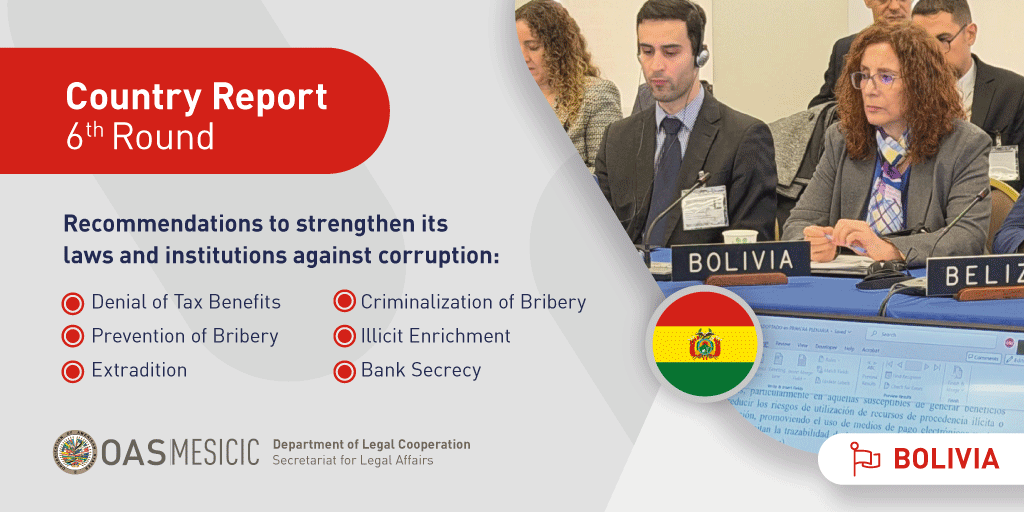 MESICIC's tweet photo. The @MESICIC Committee of @OAS_official adopted the Report of the 6th Round of #BOLIVIA. 

Click here 👉 https://t.co/idCxzhTOos and learn about all the recommendations to 🇧🇴 strengthen its laws and institutions against #corruption

@BoliviaOEA https://t.co/2kGI4DVn9V