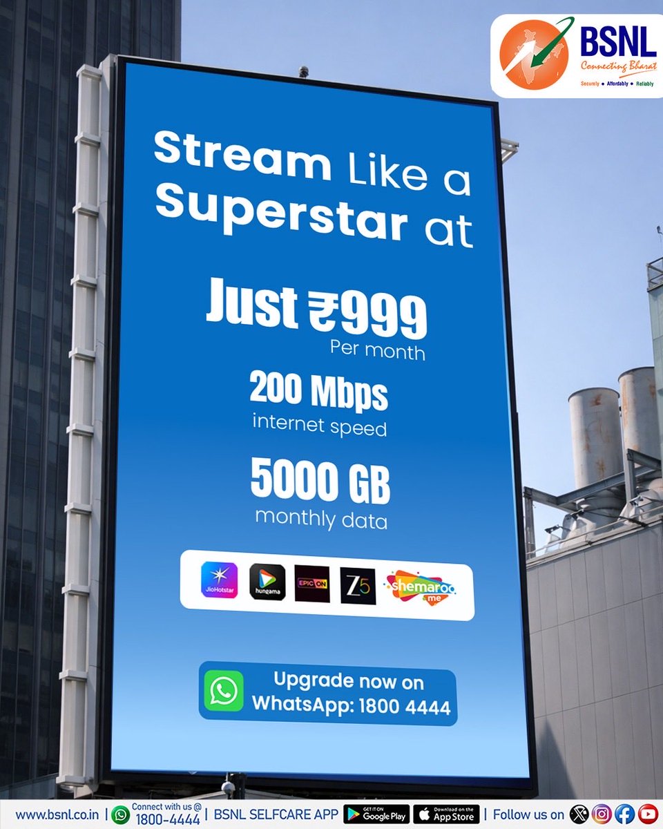 BSNLCorporate's tweet image. Stream karein bina rukawat, binge karein bina limit.

Superstar WiFi ₹999 plan ke saath paayein lightning-fast speed up to 200 Mbps speed, massive 5000GB data aur favourite OTT platforms ka full entertainment package 

Upgrade now on WhatsApp: 1800 4444 

#SuperstarWiFi #BSNL