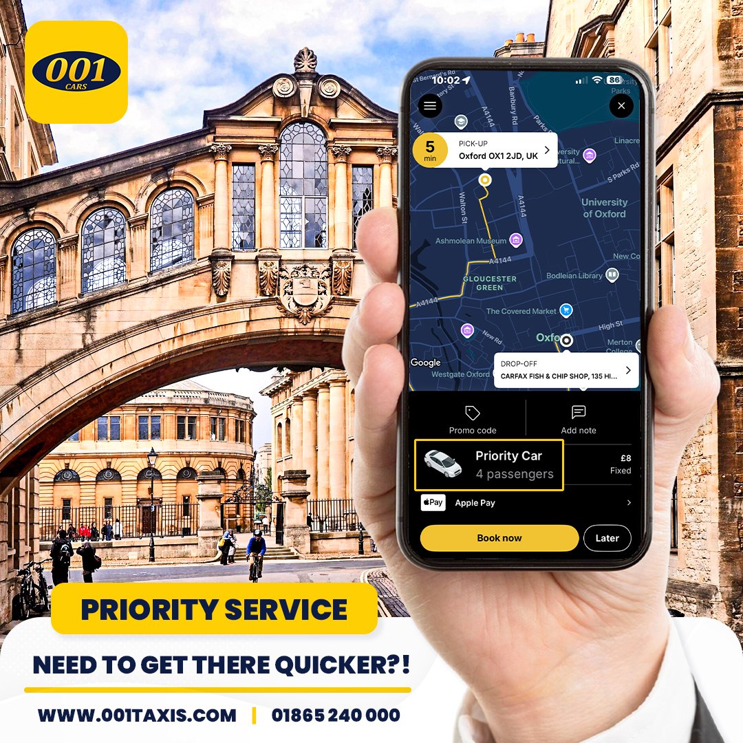 001Taxis's tweet image. Why wait? Get to your destination faster with 001 Taxis NEW Priority Service, available ONLY in-app.

Fares may be higher but less waiting, more going. onelink.to/001taxiapp

#001taxis #oxford #priorityservice