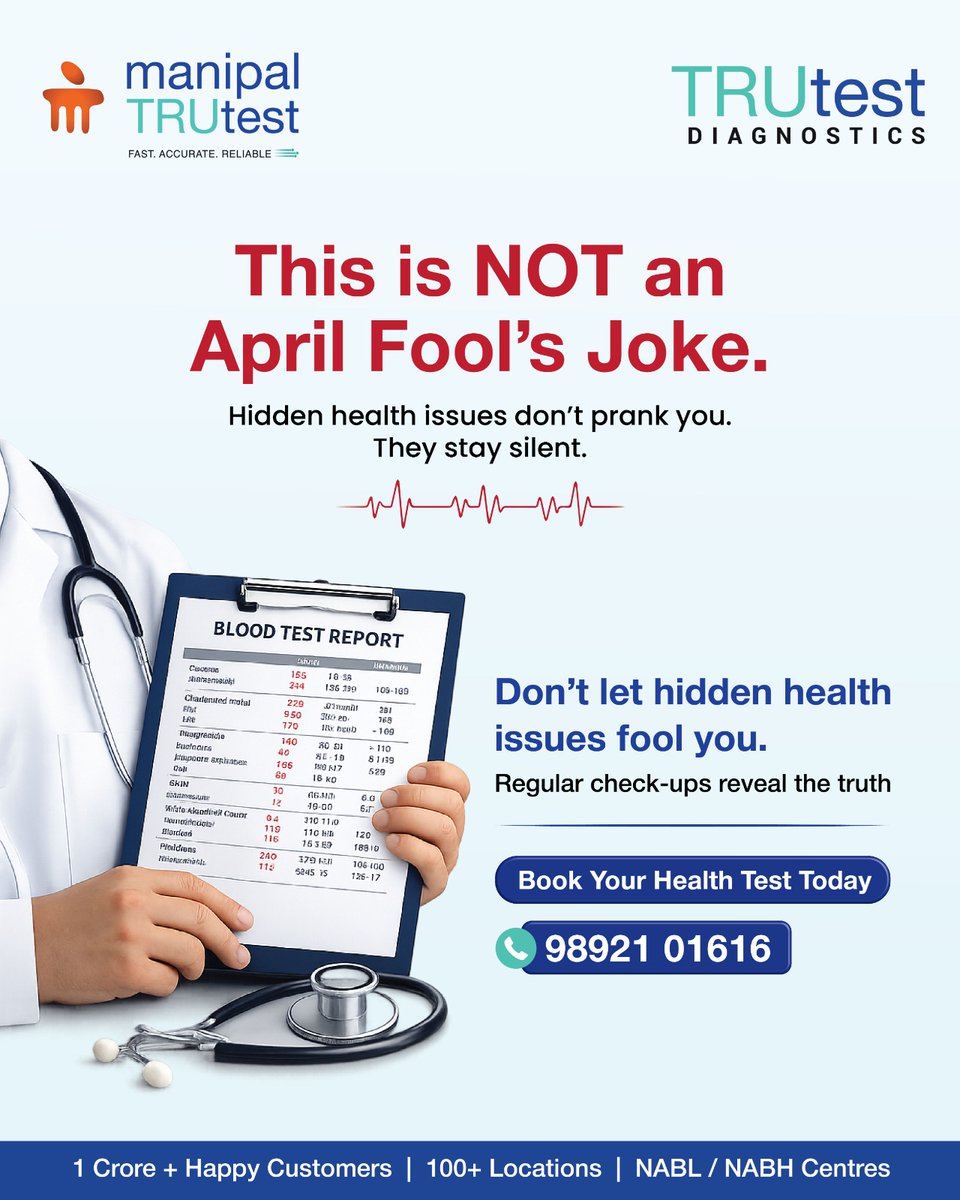 manipalTRUtest's tweet photo. This isn’t a prank—your health deserves attention.
Silent issues can become serious if ignored.
Don’t wait for symptoms. Get tested today.

#HealthAwareness #EarlyDetection #April1stReminder #TrutestDiagnostics https://t.co/qUh9FBzgEJ