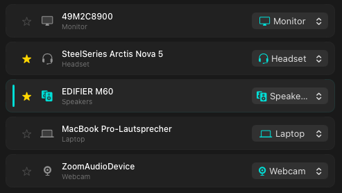 AudioFlipHQ's tweet photo. Know your devices at a glance.

AudioFlip supports device types + matching icons, so switching feels much clearer than reading through a generic macOS device list every time.

Headphones. Speakers. Monitor. Mic. Done. https://t.co/FlTnDTE9vn
