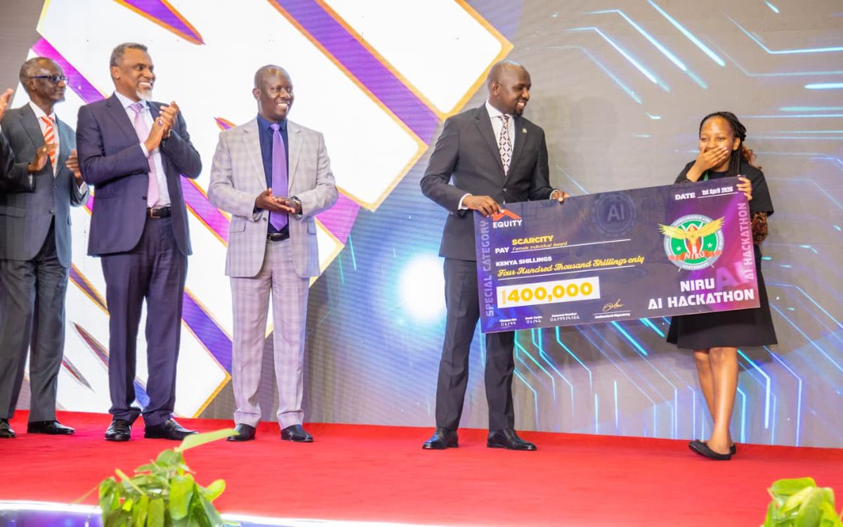 niru_kenya's tweet photo. Female Individual Award
Sustainable Development and Economic Innovation
Winning Individual: omega mwebia Makena
Solution- Scarcity AI
Cash Prize: ksh 400,000
#NIRUAiHackathon
#AI For National Prosperity
