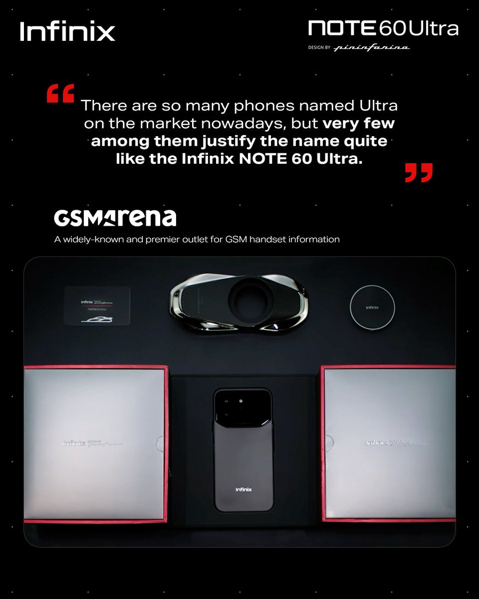Infinix_Mobile's tweet photo. #NOTE60Ultra — The only Ultra that lives up to its name.
Recognized by leading tech media, designed by Pininfarina.
#NOTE60Series #ProSuitUp #INFINIXxPininfarina https://t.co/B7McHhoWUx