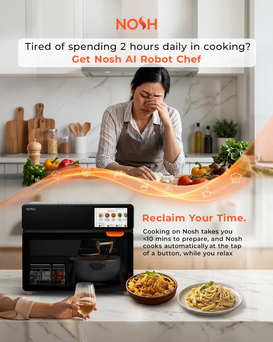 LetsNoshHQ's tweet image. The future of dining is here,and it fits right on your countertop. Say goodbye to kitchen fatigue and hello to perfectly cooked meals every single night.
Reclaim your time. Reclaim your life. Get Nosh.
#nosh #cookingrobot #AICooking #SmartKitchen #smartappliances #AIChef #cooking