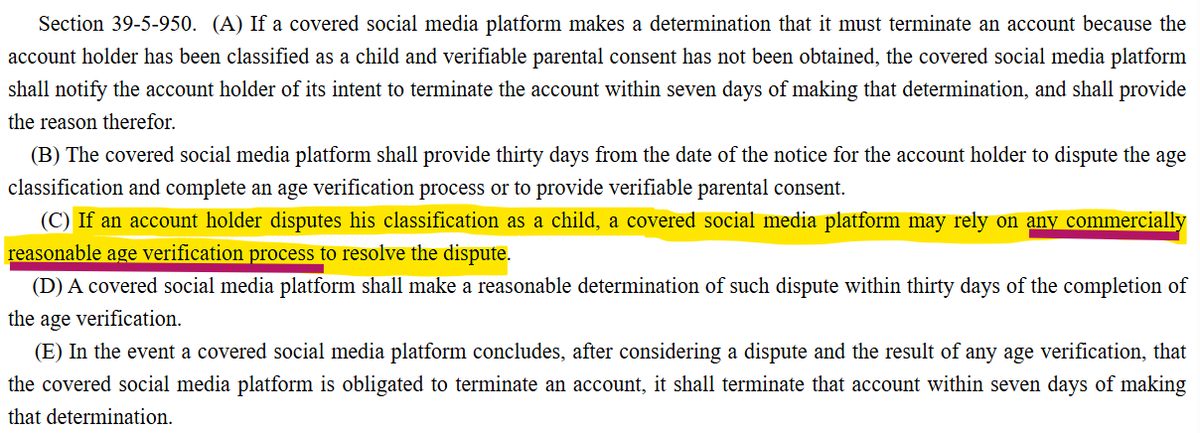 🚩The bill has an age verification back door. 

⚠️When someone disputes their age classification, platforms can use "commercially reasonable age verification" to resolve it. This is a broad term that ultimately results in third-party ID verification. The pipeline the bill avoids