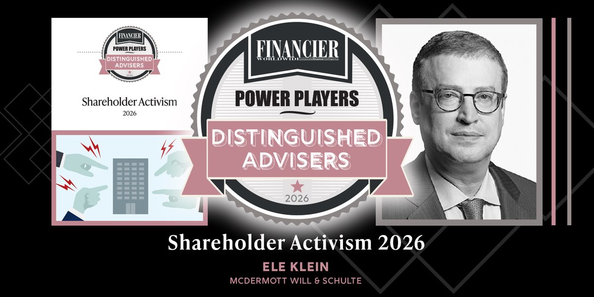 FWWMagazine's tweet photo. Celebrating Ele Klein at McDermott Will &amp; Schulte, for featuring as a Distinguished Adviser in our Power Players report on Shareholder Activism, reflecting on his career and the market. 

 You can find our report here: https://t.co/8fakDtulC5 https://t.co/PRbPY9aLTY