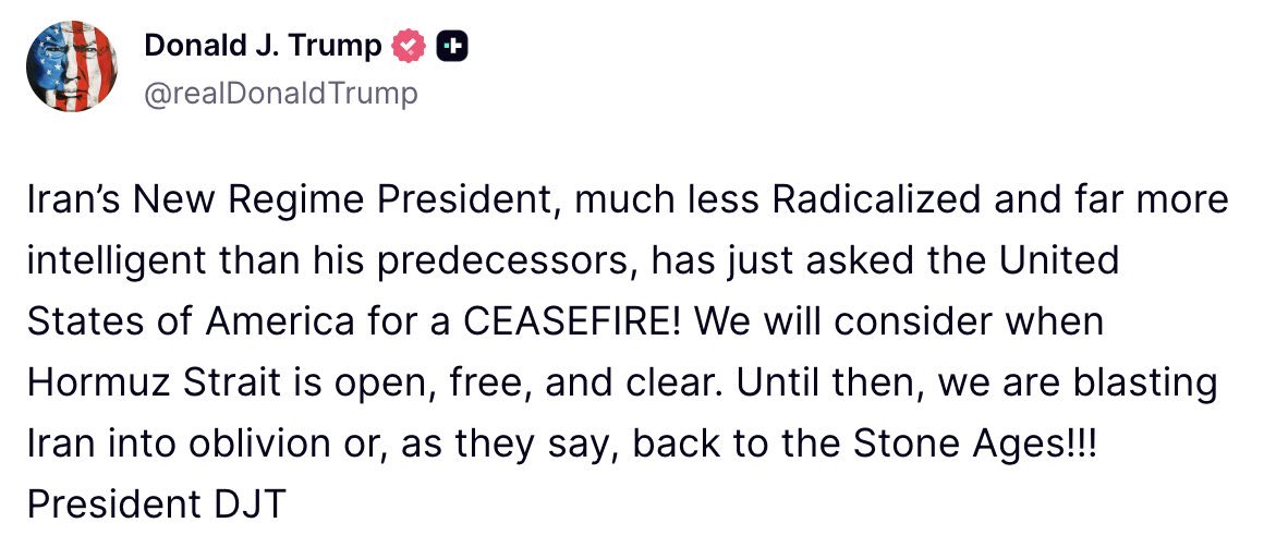 ترامب يربط وقف العمليات العسكرية بفتح مضيق هرمز ويتوعد بـ"تدمير" إيران حتى ذلك الحين