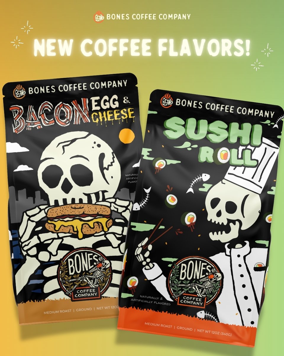 bonescoffeeco's tweet photo. NEW COFFEE FLAVORS! 😱☕️ Say mornin' to 🥯 Bacon Egg &amp; Cheese + 🍥 Sushi Roll! ⁠
⁠
Which one are you brewing first? ⁠ https://t.co/zFJu2Hy3n8