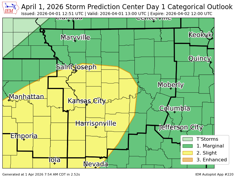#SPC issues Day 1 Slight Convective Risk at Apr 1, 12:51z for EAX spc.noaa.gov/products/outlo…