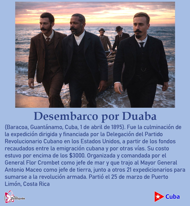 El 1 de abril del 1895 en Duaba, Baracoa, desembarcan los generales #cubanos Antonio y José Maceo, y Flor Crombet para integrarse a la Guerra del 95

🔗Saber más: ecured.cu/Expedici%C3%B3…

#Efemerides #1deAbril 🇨🇺 #Cuba #Historia #RadioCubana #RadioEnciclopedia <a href="/YuzaimaCardona/">Yuzaima Cardona</a>