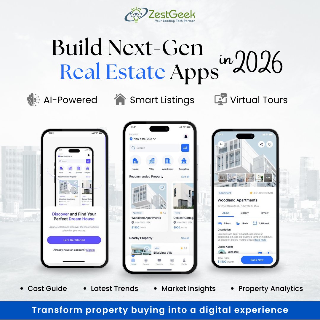 🏡 The real estate market is going digital in 2026!

Build AI-powered real estate apps for Android &amp; iOS with seamless UX, smart listings &amp; high engagement.

🚀 Scale your business globally with Zestgeek Solutions

📩 DM us today
🌐 zestgeek.com

#RealEstateApp