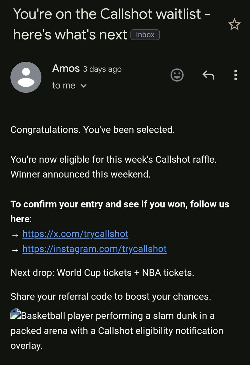 Harun9220055268's tweet photo. Just got selected for the @trycallshot weekly raffle 🏆 Can’t wait for the results this weekend. Fingers crossed for those World Cup and NBA tickets
#Callshot #Raffle https://t.co/n0CJbjjI73