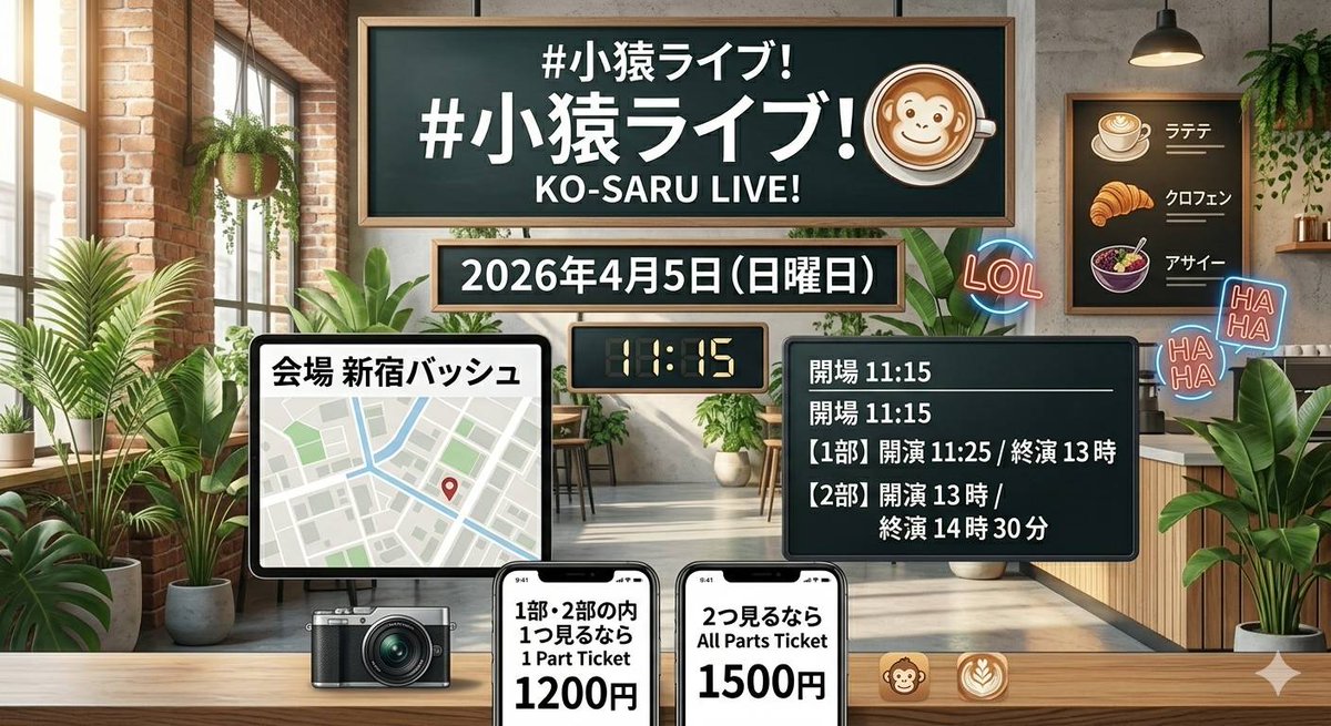 takastarfire's tweet photo. 日曜日１本目(*^_^*)

小猿ライブ(*^_^*)

上位1組、 大首領大猿ライブ(賞金５０、０００円)　へオファー！

次の1組、　首領猿ライブ(賞金２５，０００円)　へオファー！

2026年4月5日　(日曜日)　11時25分~14時30分@ 新宿バッシュ
小猿ライブ！☆☆☆　〜ネタライブ〜

開場11時15分
１部 開演11時25分 終演13時
２部 開演13時 終演14時30分

会場 新宿バッシュ
住所 新宿区歌舞伎町1-28-3 武井ビル２F

チケット
1部2部の内 1つ見るなら1200円
2つ見るなら1500円

配信1500円(アーカイブ有)
https://t.co/DHKoxXAScs

MC　藤田早希

キャニオンコープ
らんちゅう
水陣　
ぎゅうき
アカランドセル
風神アラジン
中華大満足
バニーぴょん吉郎
ピンセット
コイヌマン
キャメル銀河
いよしん
大連山
高位成幸
お正月
コイン通り
マンマーレ
ねぎたたくや
吉田外苑前
ベストフレンド
くじゃくだん
長い群青
はっしーはっびー
ぼんじり太郎
ぶっこきんぐ
ドレッドマネー
愛のゼブラ
林きき
うちまつげ
くじゃくだん
捕芸
石庭
アクシデンタル
コップ
ツキオラバンカ
黄昏の森
マイルストーン3
ねこじゃらし
ウブ
うさぎダンプ
セッツァー
エコブロック
レモンと炭酸
ワルツ
ヨシタカ
ちなてい