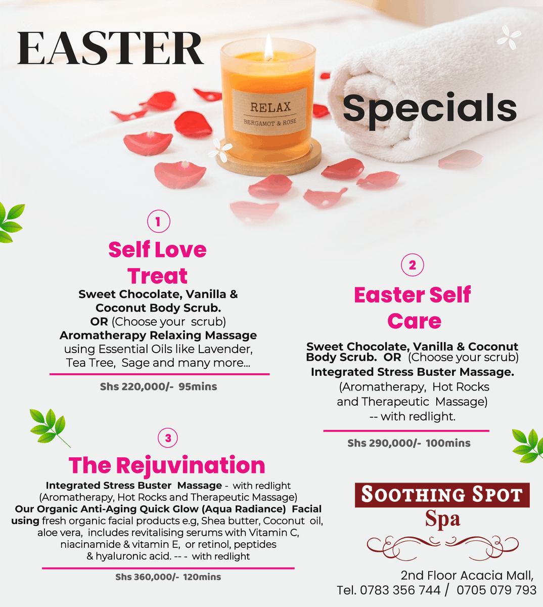 SoothingSpotSpa's tweet photo. Easter is for self-care 🌸
Treat yourself to chocolate body scrubs, relaxing massages &amp; glowing facials at Soothing Spot Spa. 
Relax. Recharge. Glow. ✨
#EasterSpecials #SpaDay #SelfCare #SoothingSpotSpaAcacia https://t.co/JdjcJ42eF3