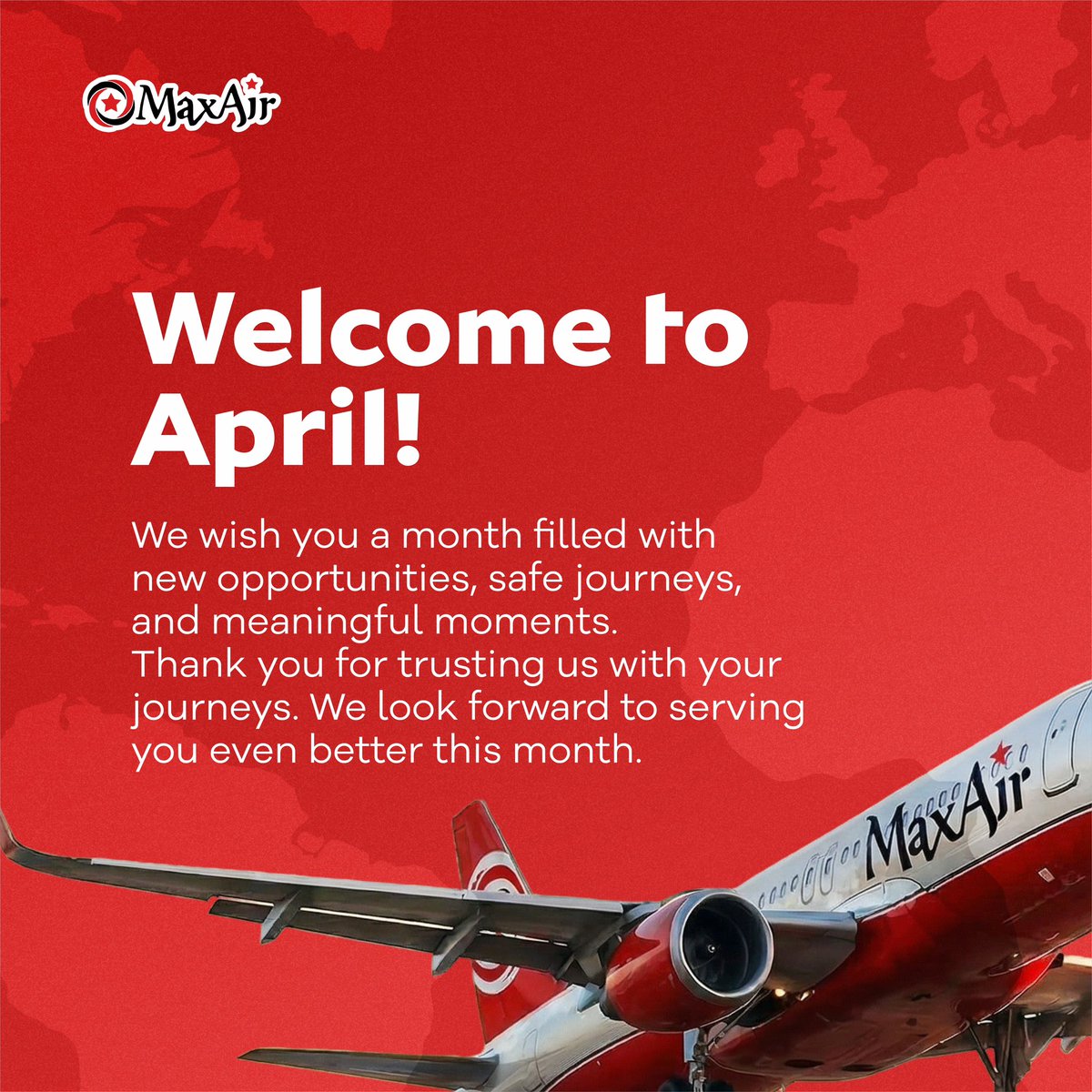 MaxAirLtd's tweet image. Hello April 🌸✈️
A new month, a fresh takeoff, and endless destinations to explore.
Let’s soar higher, travel smarter, and make every journey count.

#HelloApril #NewMonthNewJourneys #FlyMaxAir