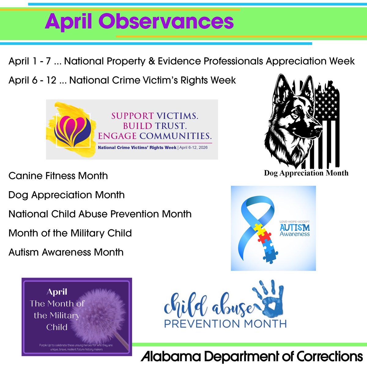 ALCorrections's tweet image. #ADOC continues to highlight April Calendar Observances. Try not to be fooled today. This month brings several awarenesses, including to children and crime victims.